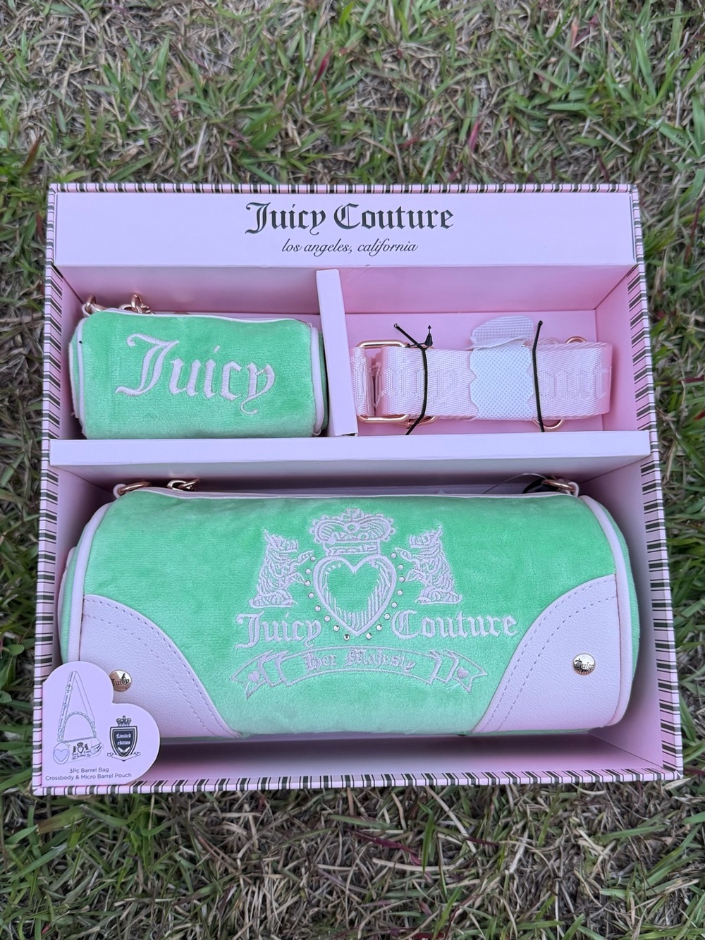 Juicy Couture "Her Majesty" Heritage Barrel Shoulder Bag Set in a retro green